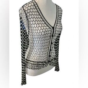 Mesh Beaded Cardigan Vintage Black Silver Fishnet Crocheted Sweater Jacket